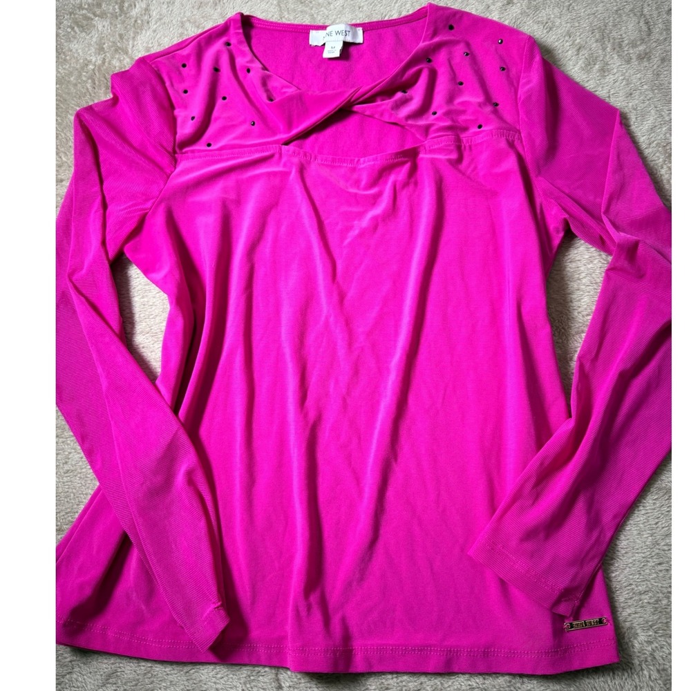 Nine West Hot Pink Long Sleeve Top Studded Cutout Twist Front Ribbed Mesh M